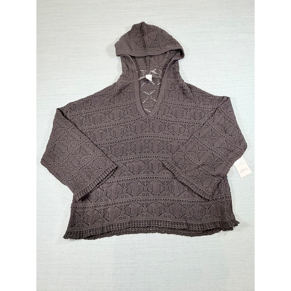Time and Tru Womens‎ 2X Black Crochet Knit Hoodie Coverup Long Sleeve V-Neck New